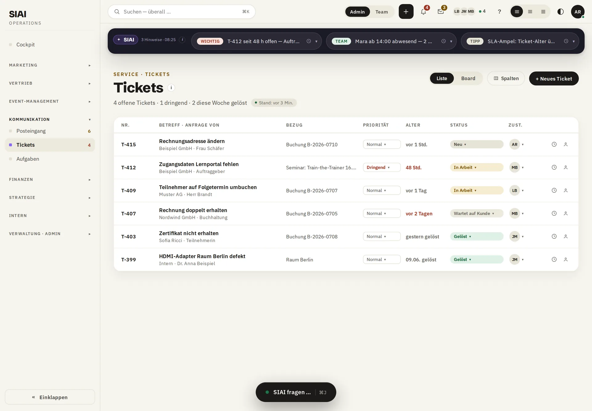 SIAI-Betriebssystem, Bereich Service & Tickets. Beispieldaten.