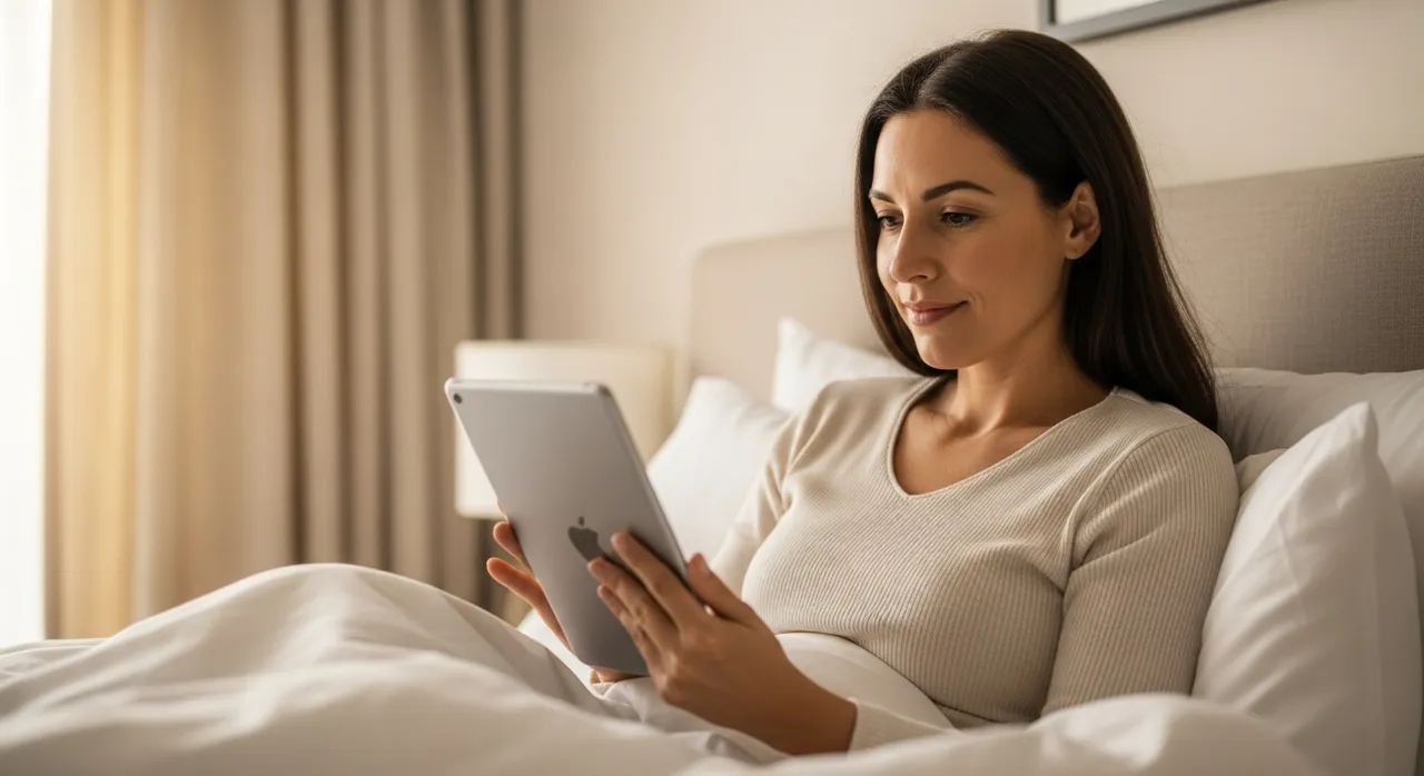 Kundin lässt sich entspannt am Tablet beraten, Premium-Schlafwelt, Konzeptvisualisierung